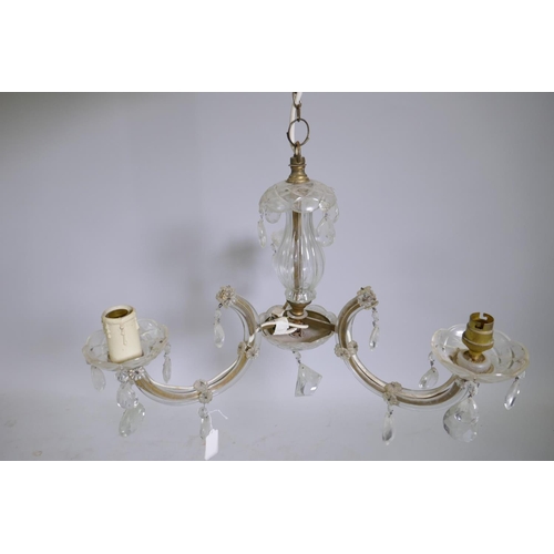 1063 - A vintage three branch glass chandelier with lustre drops, 50cm diameter, 32cm diameter