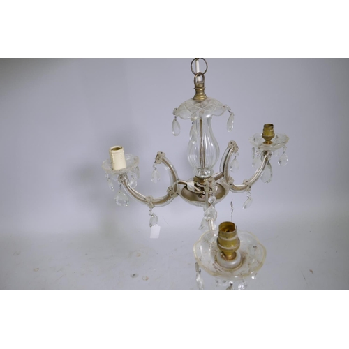 1063 - A vintage three branch glass chandelier with lustre drops, 50cm diameter, 32cm diameter