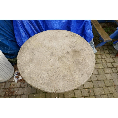 1066 - A reconstituted stone/concrete garden table on fluted column support, 103cm diameter, 84cm high