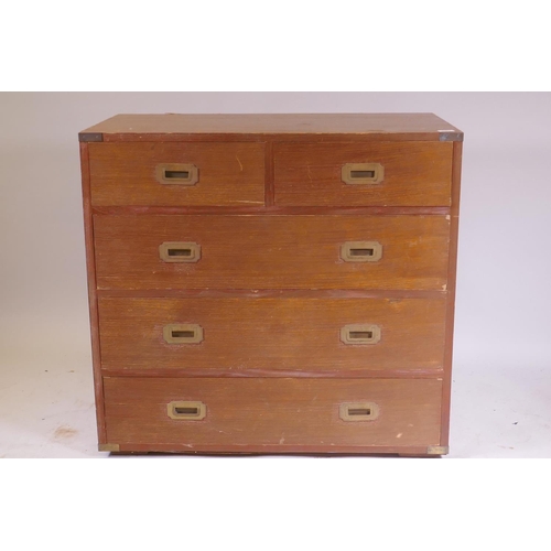 1083 - A campaign style chest of drawers with military style brass handles, 92 x 51 x 86cm