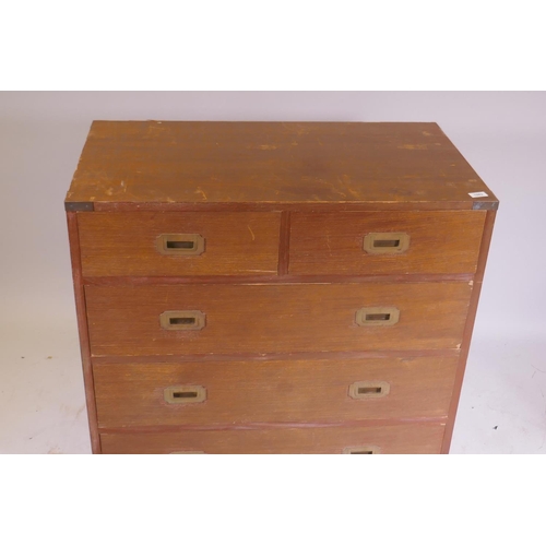 1083 - A campaign style chest of drawers with military style brass handles, 92 x 51 x 86cm