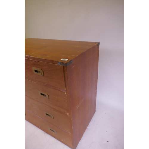 1083 - A campaign style chest of drawers with military style brass handles, 92 x 51 x 86cm