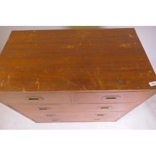 1083 - A campaign style chest of drawers with military style brass handles, 92 x 51 x 86cm