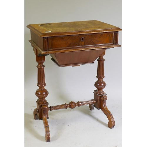 1084 - A C19th Continental burr walnut workbox with lift up top, pull out fitted drawer and under basket, r... 