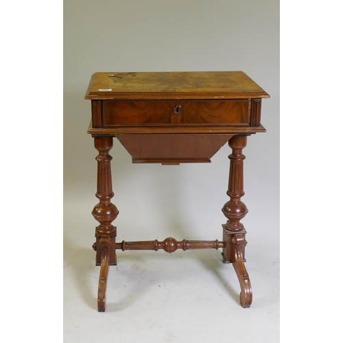 1084 - A C19th Continental burr walnut workbox with lift up top, pull out fitted drawer and under basket, r... 