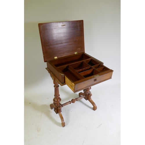 1084 - A C19th Continental burr walnut workbox with lift up top, pull out fitted drawer and under basket, r... 