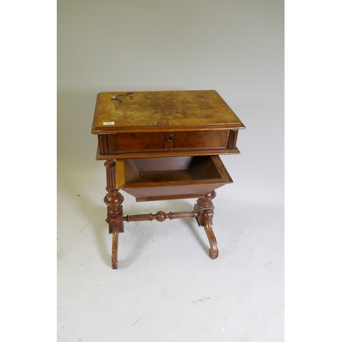 1084 - A C19th Continental burr walnut workbox with lift up top, pull out fitted drawer and under basket, r... 