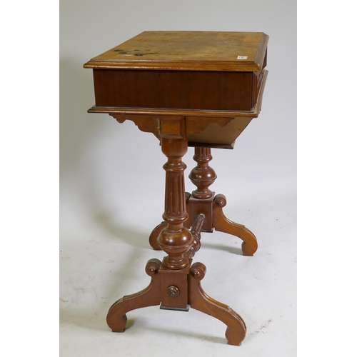 1084 - A C19th Continental burr walnut workbox with lift up top, pull out fitted drawer and under basket, r... 