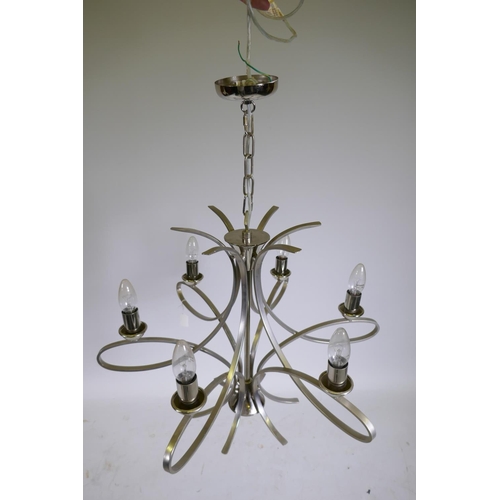 1088 - A John Lewis brushed chrome six branch chandelier, 63cm diameter, 50cm drop