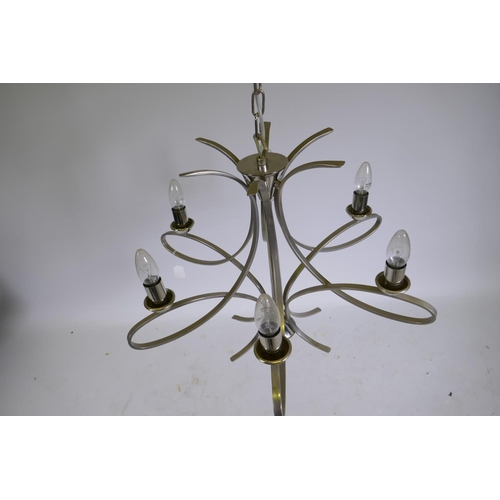 1088 - A John Lewis brushed chrome six branch chandelier, 63cm diameter, 50cm drop