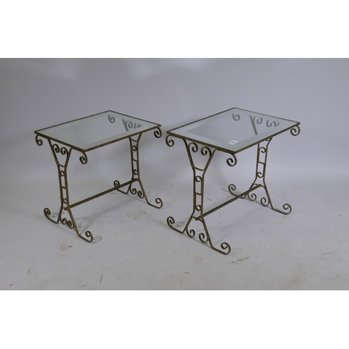 1097 - Two vintage wrought metal occasional tables with mirrored glass tops, largest 47 x 36 x 46cm