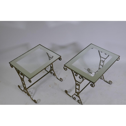 1097 - Two vintage wrought metal occasional tables with mirrored glass tops, largest 47 x 36 x 46cm