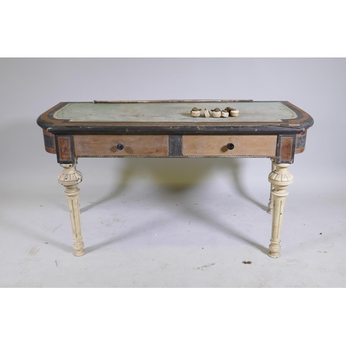 1098 - An antique amboyna and ebony two drawer writing table, AF, 114 x 52cm, 57cm high