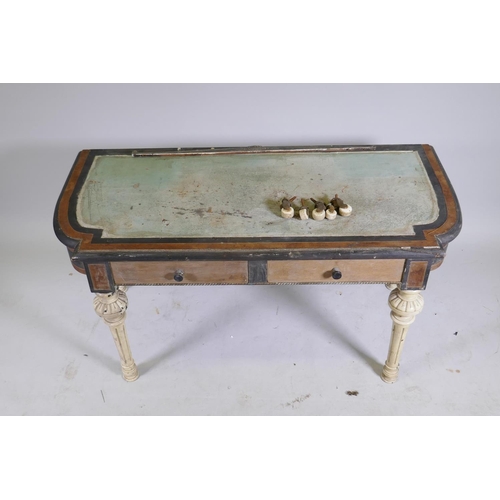 1098 - An antique amboyna and ebony two drawer writing table, AF, 114 x 52cm, 57cm high