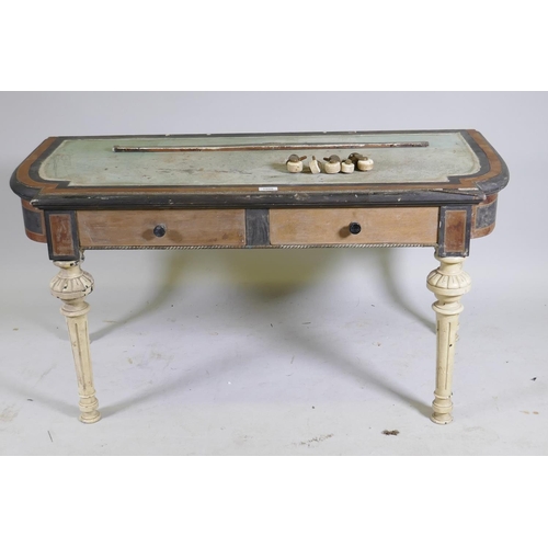 1098 - An antique amboyna and ebony two drawer writing table, AF, 114 x 52cm, 57cm high