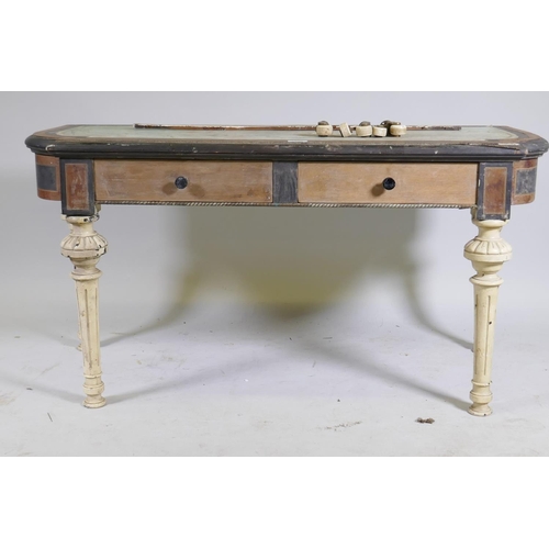 1098 - An antique amboyna and ebony two drawer writing table, AF, 114 x 52cm, 57cm high