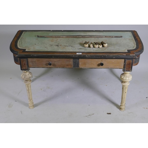 1098 - An antique amboyna and ebony two drawer writing table, AF, 114 x 52cm, 57cm high