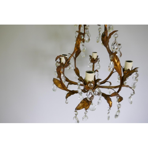 1102 - Antique French gilt metal chandelier with lustre drops, 40cm diameter, 60cm drop