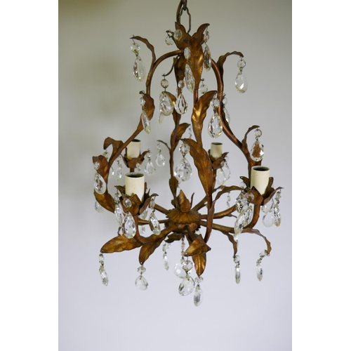 1102 - Antique French gilt metal chandelier with lustre drops, 40cm diameter, 60cm drop