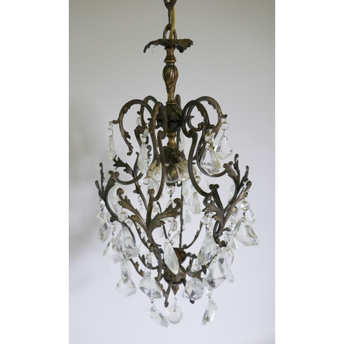 1104 - A vintage French gilt metal pendant ceiling lamp with lustre drops, 30cm diameter, 60cm drop