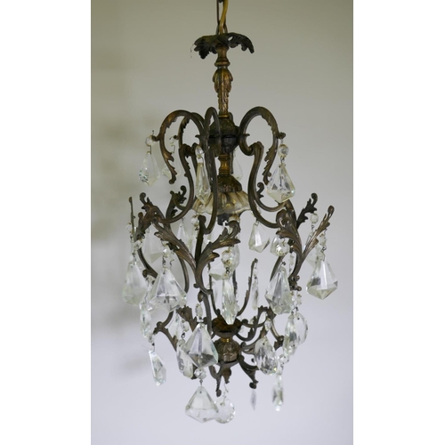 1104 - A vintage French gilt metal pendant ceiling lamp with lustre drops, 30cm diameter, 60cm drop