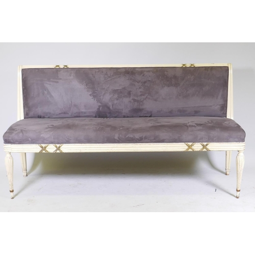 1118 - An Italian neo-classical revival bench, with painted and parcel gilt decoration and good faux suede ... 