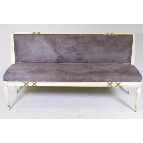 1118 - An Italian neo-classical revival bench, with painted and parcel gilt decoration and good faux suede ... 