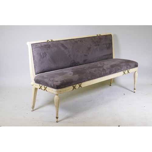 1118 - An Italian neo-classical revival bench, with painted and parcel gilt decoration and good faux suede ... 