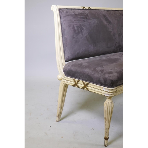 1118 - An Italian neo-classical revival bench, with painted and parcel gilt decoration and good faux suede ... 