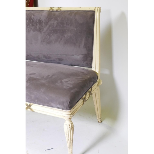 1118 - An Italian neo-classical revival bench, with painted and parcel gilt decoration and good faux suede ... 