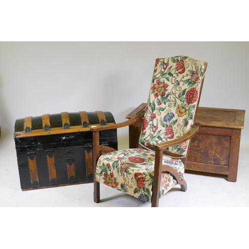 1136 - A Victorian dome top carriage trunk with wood straps and metal mounts, a coffer and a 1930s nursing ... 