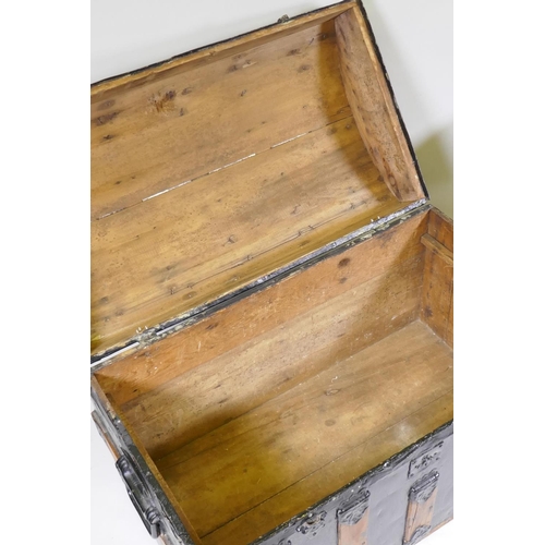 1136 - A Victorian dome top carriage trunk with wood straps and metal mounts, a coffer and a 1930s nursing ... 