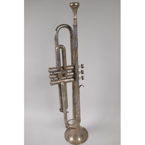 124 - A silver plated trumpet retailed by the King Instrument Co Ltd, London, stamped with a signature and... 