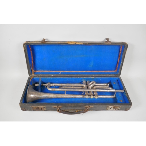 124 - A silver plated trumpet retailed by the King Instrument Co Ltd, London, stamped with a signature and... 