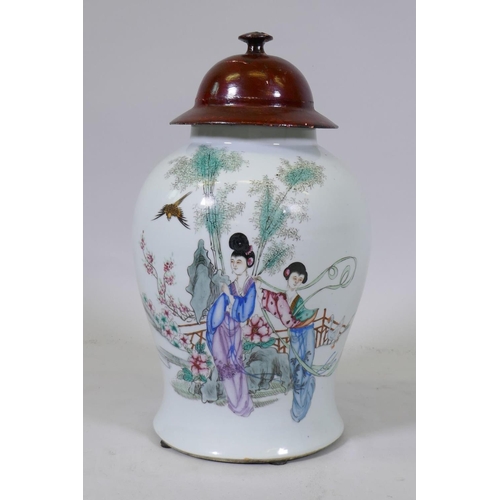 13 - Chinese famille verte ceramic vase, decorated with two women in a garden with poem verso, with lacqu... 