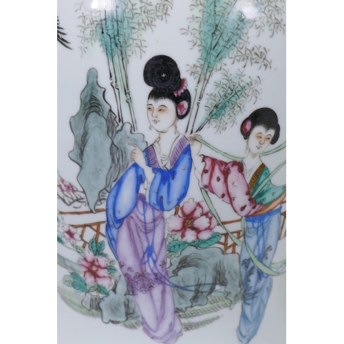 13 - Chinese famille verte ceramic vase, decorated with two women in a garden with poem verso, with lacqu... 