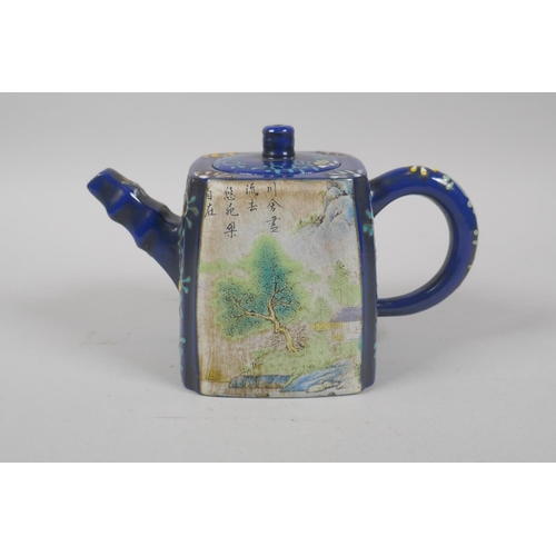 135 - A Chinese blue glazed YiXing teapot with decorative famille verte panels depicting landscape scenes,... 