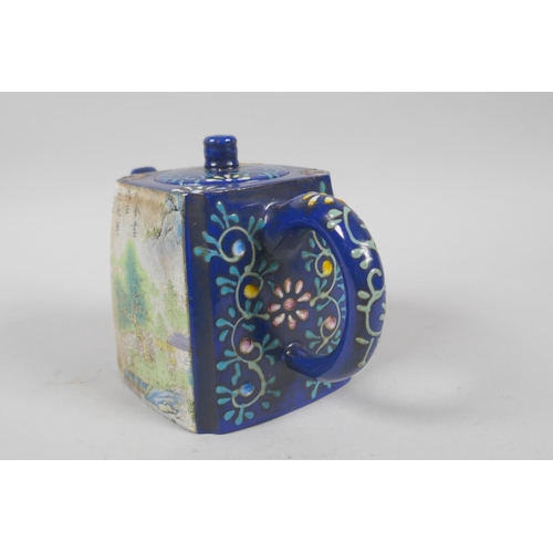 135 - A Chinese blue glazed YiXing teapot with decorative famille verte panels depicting landscape scenes,... 