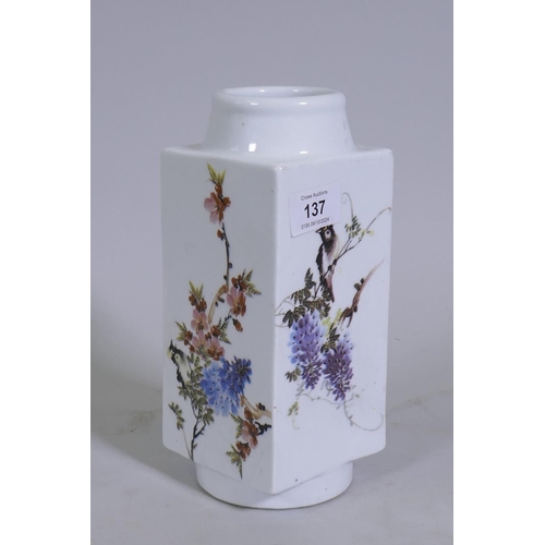 137 - Chinese cong shaped ceramic vase with bird and flower decoration, 22cm high