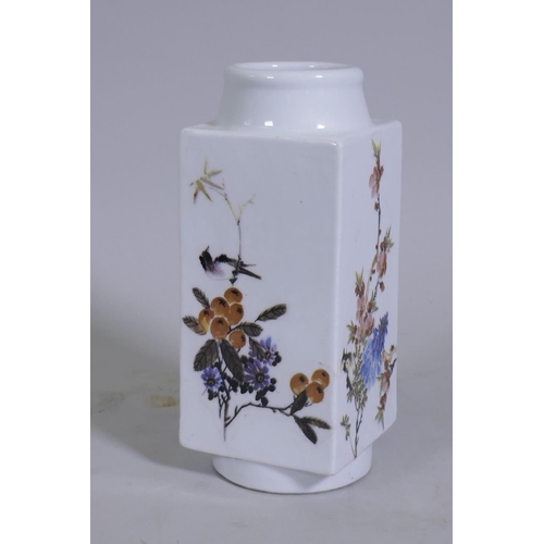 137 - Chinese cong shaped ceramic vase with bird and flower decoration, 22cm high