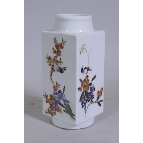 137 - Chinese cong shaped ceramic vase with bird and flower decoration, 22cm high