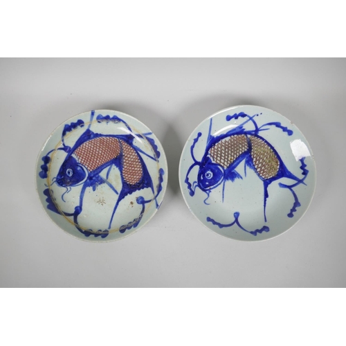 153 - A pair of Chinese late C19th/early C20th blue and white porcelain carp dishes, 23cm diameter