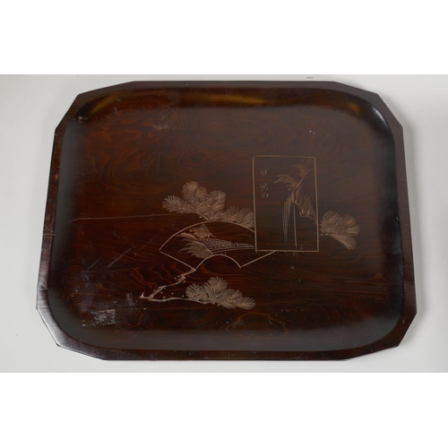 157 - A Japanese black lacquer jewellery box decorated with landscape scenes, and a carved hardwood tray, ... 