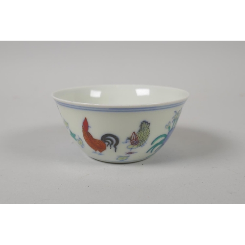 158 - A Chinese doucai porcelain tea bowl with chicken decoration, Chenghua 6 character mark to base, 8cm ... 