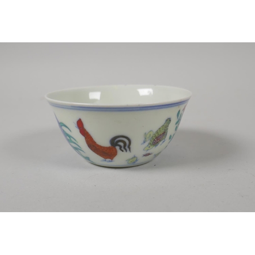 158 - A Chinese doucai porcelain tea bowl with chicken decoration, Chenghua 6 character mark to base, 8cm ... 