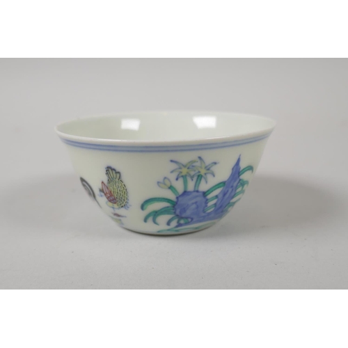 158 - A Chinese doucai porcelain tea bowl with chicken decoration, Chenghua 6 character mark to base, 8cm ... 