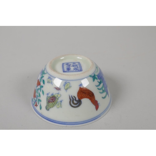 158 - A Chinese doucai porcelain tea bowl with chicken decoration, Chenghua 6 character mark to base, 8cm ... 