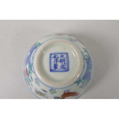 158 - A Chinese doucai porcelain tea bowl with chicken decoration, Chenghua 6 character mark to base, 8cm ... 