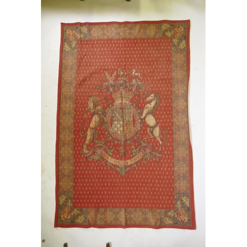 159 - A machine woven red ground tapestry/wall hanging depicting the Duke of Norfolk crest, 125 x 185cm