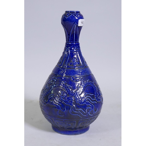 162 - Chinese blue glazed garlic head vase with raised dragon decoration, 40cm high